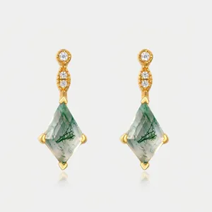 925 Sterling Silver Moss Agate Kite Cut Stud Earrings Gold Plated Zirconia Inlaid Elegant Natural Stone Earrings For Women