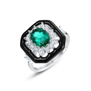 Vintage S925 silver sunflower ring with green emerald stone and black enamel frame
