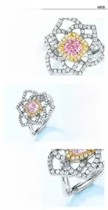 Macro detail of S925 silver flower ring featuring pink pear-cut carbon diamond and pavé stones