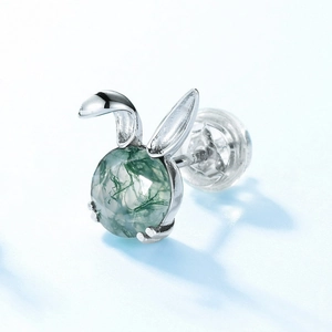 S925 sterling silver rabbit stud earring with green moss agate in side view closeup