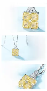 Détail du collier en argent S925 avec un pendentif en pierre jaune à coupe carrée et griffes