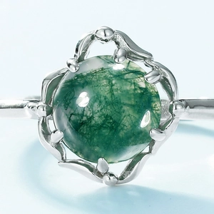 Unique S925 silver ring with round moss agate in vintage floral prong setting