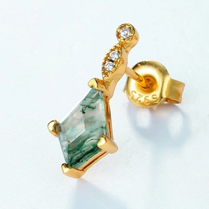 S925 silver gold-plated stud earring featuring green moss agate and round cubic zirconia