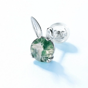 Cute S925 silver rabbit ear stud earring featuring a natural green moss agate stone
