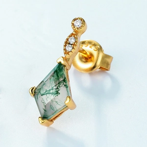 S925 silver moss agate kite stud earrings with sparkling white accent stones for women