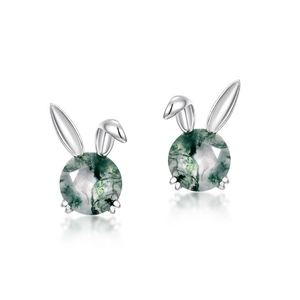 S925 silver rabbit ear stud earrings with natural green moss agate stones and mirror finish
