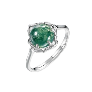 Unique S925 sterling silver open ring with green moss agate and vine setting design