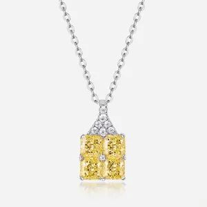 Collier Pendentif Carré en Argent Sterling 925 Zirconia Jaune pour Femme Bijoux Géométriques Incrustés à la Mode Sans Chaîne