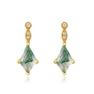 Kite-cut green moss agate gold earrings with sparkling white stones on a white background