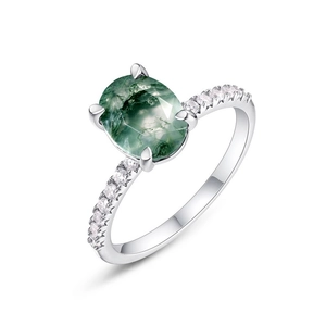 S925 silver ring featuring oval moss agate with moss-like inclusions and diamond accents