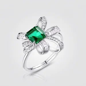 Vintage 925 Sterling Silver Ring For Women Lab-Created Emerald Square Green Stone Bow Knot Adjustable Rhinestone Jewelry