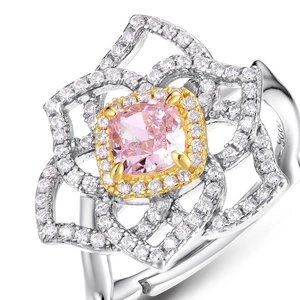 Sparkling S925 silver flower ring with pink cushion-cut stone and micro-pave diamonds