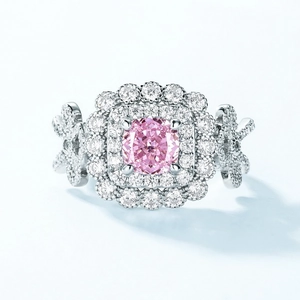 Pink cushion-cut halo ring in S925 silver with floral openwork and sparkling cubic zirconia