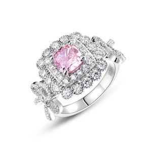 S925 silver pink cushion-cut gemstone ring with bow accent and halo diamonds