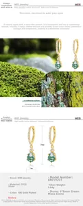 Macro view of pear-cut moss agate earrings in S925 silver with 10K gold plating