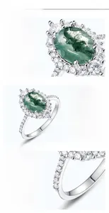 Macro detail of S925 silver moss agate ring showing green texture and zircon halo