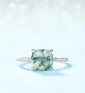 Detailed close-up of S925 silver moss agate ring with cushion-cut natural gemstone