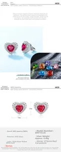 Detail view of heart-shaped red corundum earrings in S925 silver with 13mm size info