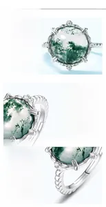 Detailed macro of S925 silver ring band with natural green moss agate and side texture