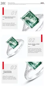 Detail view of rectangular moss agate ring with silver band and zircon accents