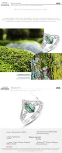 Detailed macro of S925 silver ring featuring hexagonal green moss agate and ornate engraving
