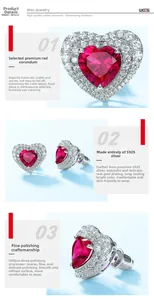 Detailed views of S925 silver heart stud earrings with red corundum and claw setting
