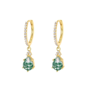 S925 sterling silver gold plated pear-shaped green moss agate earrings with small zircons