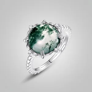 Natural Moss Agate Ring 925 Sterling Silver Adjustable Open Finger Ring For Women Retro Botanical Rhinestone Inlaid Jewelry Gift