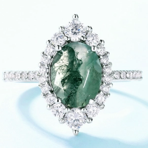 Elegant S925 silver ring with oval green moss agate gemstone and halo zircon detailing