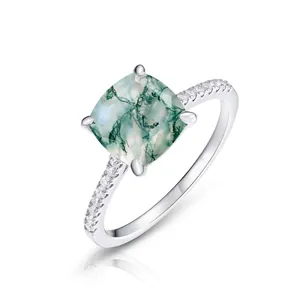 Natural Moss Agate Ring 925 Sterling Silver Square Cut Gemstone Ring With Rhinestone Accents For Women Vintage Luxury Jewelry