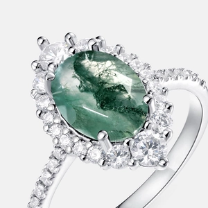 Unique moss agate ring in S925 silver with oval cut stone and zircon halo setting