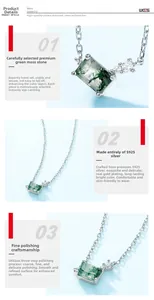 Detailed macro view of S925 silver necklace featuring green moss agate and cubic zirconia