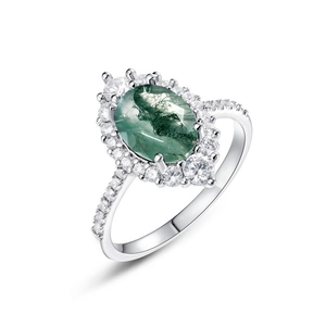 Silver halo ring with oval green moss agate stone and brilliant cubic zirconia accents