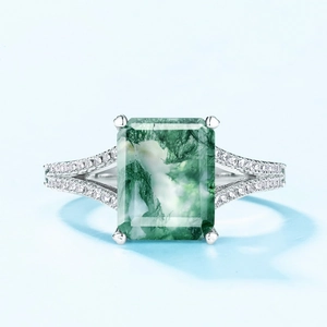 Rectangle natural moss agate ring in S925 silver with split shank diamond accents