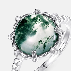 S925 silver ring featuring round natural moss agate with intricate vine-inspired setting