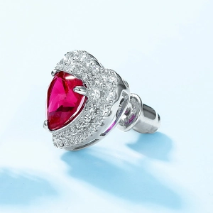 S925 sterling silver heart earrings with pear-cut red corundum and halo zircons