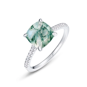 Elegant S925 silver ring featuring square natural moss agate with side pavé stones