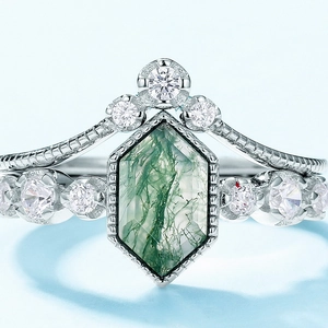S925 sterling silver ring with hexagonal moss agate and sparkling zircon accents