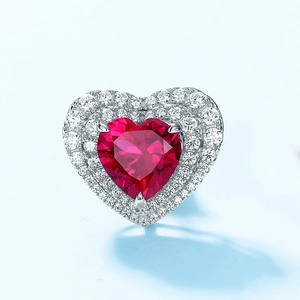 Sparkling S925 silver heart stud earrings with red corundum and halo stones