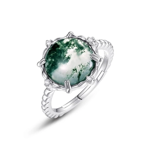S925 sterling silver ring featuring a green moss agate stone and twisted rope band