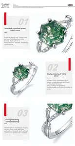Detail of S925 silver vine ring featuring hexagonal green moss agate and white zircon