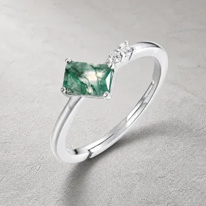 Anillo Ajustable de Plata de Ley 925 Vintage con Ágata Musgosa para Mujer Anillo Abierto con Piedra Rectangular Natural e Incrustaciones de Strass