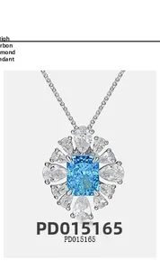 Detail of S925 silver necklace with radiant blue ice-cut gemstone and surrounding zircons