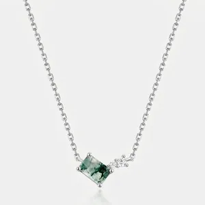 Geometric Natural Moss Agate Pendant Necklace 925 Sterling Silver Alexandrite Rhinestone Clavicle Chain Jewelry For Women