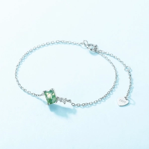S925 silver bracelet featuring rectangle moss agate stone and zircon accents on light blue