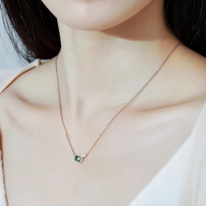 Elegant S925 silver necklace with rectangular green agate moss stone on model