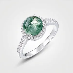 Vintage 925 Sterling Silver Ring For Women Natural Green Moss Agate Inlaid Zirconia Halo Ring Elegant Unique Gemstone Jewelry