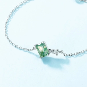 S925 silver bracelet featuring rectangle moss agate stone with sparkling side accents