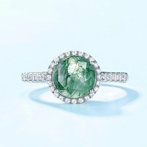 Natural Moss Agate Ring in S925 Sterling Silver with Sparkling Cubic Zirconia Accents