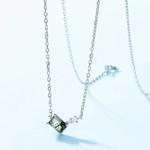 S925 silver necklace featuring a rectangular green moss agate pendant with zircon accents